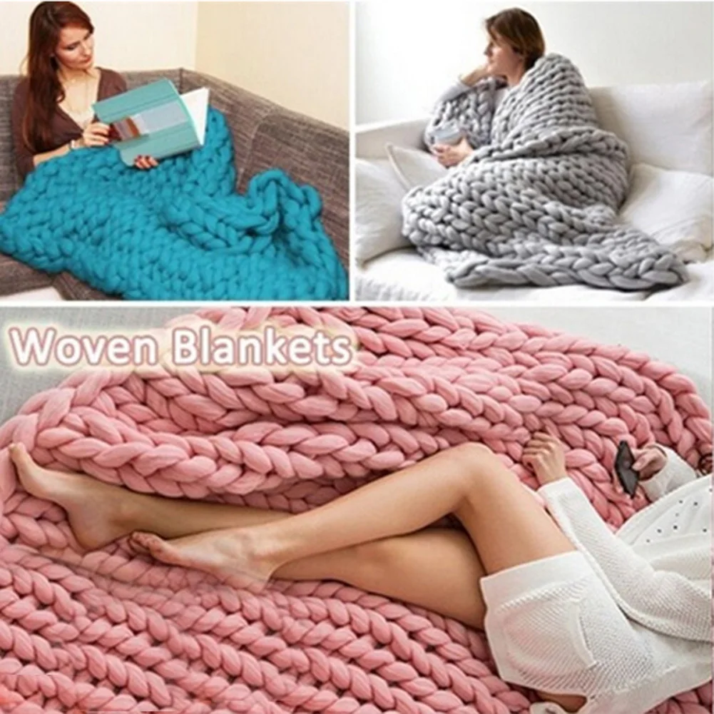Hand knitted Warm Chunky Knit Blanket Merino Soft Wool Thick Yarn Bulky Sofa ThrowBlankets