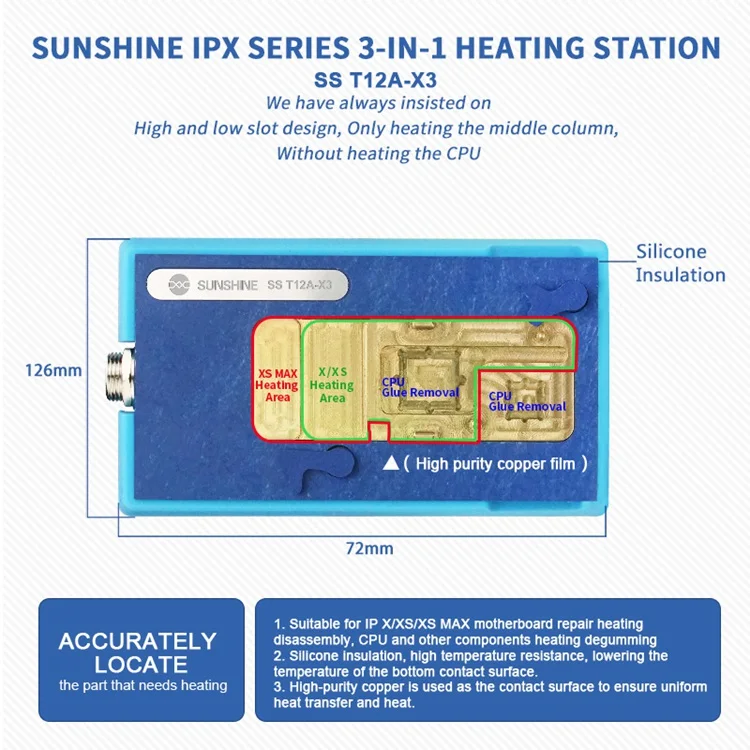 SUNSHINE 3 в 1 нагревательная станция SS T12A-X3 для IPhone X XS XSMAX PCB cpu тепловыделение нагревательная пластина платформа для удаления клея