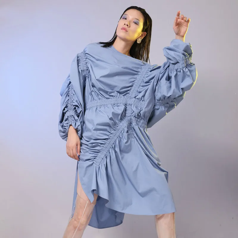 

[EWQ]2019 New Autumn JG803 O Neck Long Sleeve Elastic Pleated Long Sleeve Off Shoulder Shirt Dress Loose Large Size Women Dress