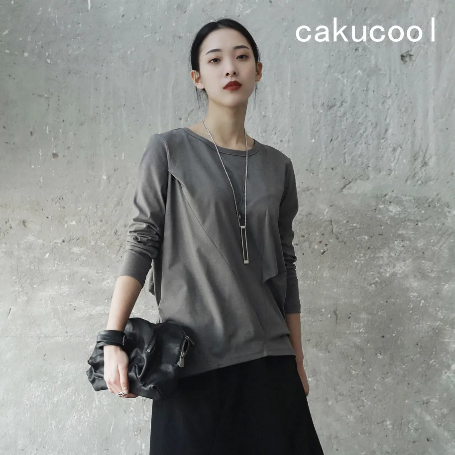 Cakucool простая черная Женская Весенняя футболка с длинным рукавом и круглым