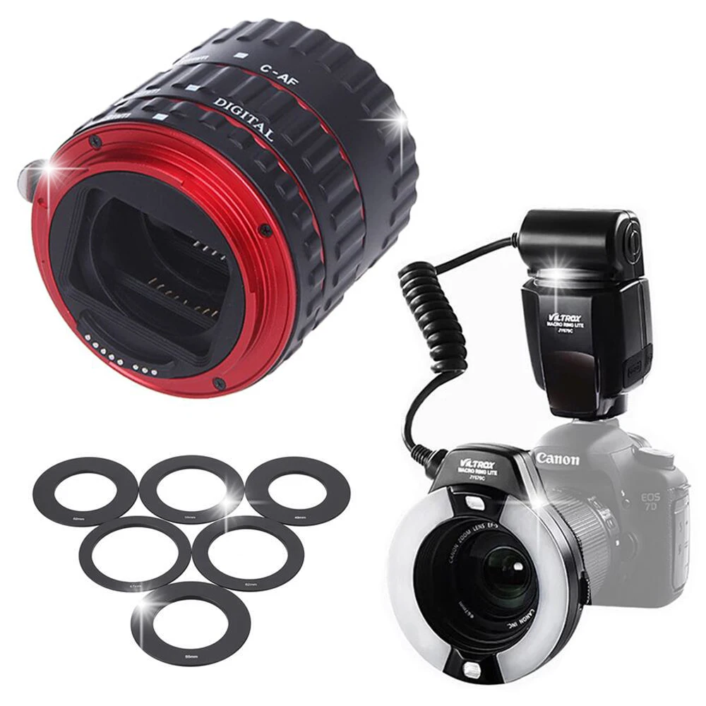 

INSEESI Red Metal Mount Auto Focus AF Macro Extension Tube Ring Lens Adapter+Viltrox JY-670C LCD Macro Ring FlashLight For Canon
