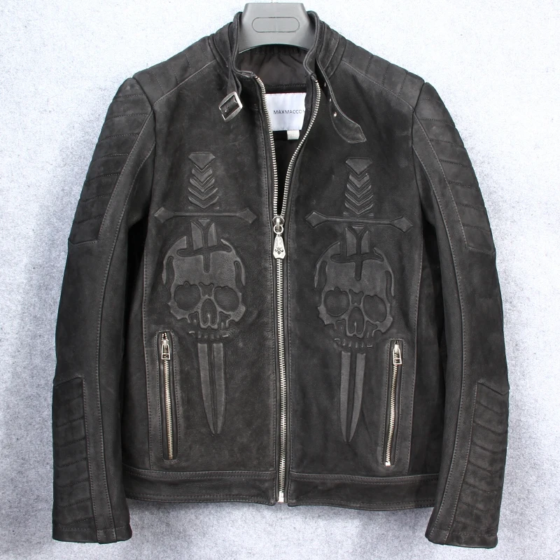 

2017 Men Black Genuine Nubuck Skull Leather Motorcycle Jacket Real Thick Cowhide Plus Size 4Xl Slim Fit Biker Coat FREE SHIPPING