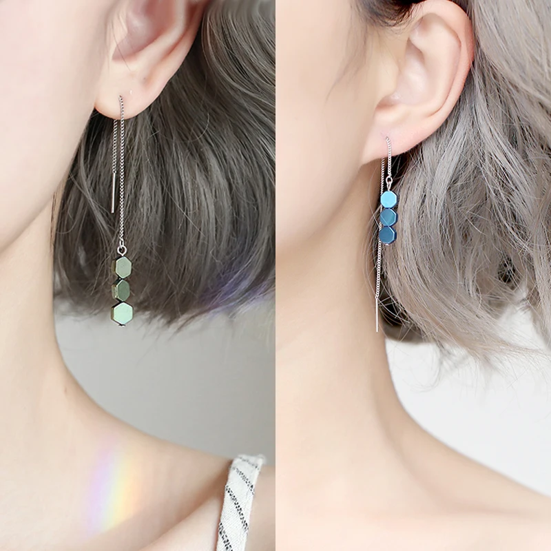 

AOMU New 2018 Simple Korean Silver Geometric Blue Hexagon Beads Long Tassel Drop Earrings Ear Line for Women Girl Gift
