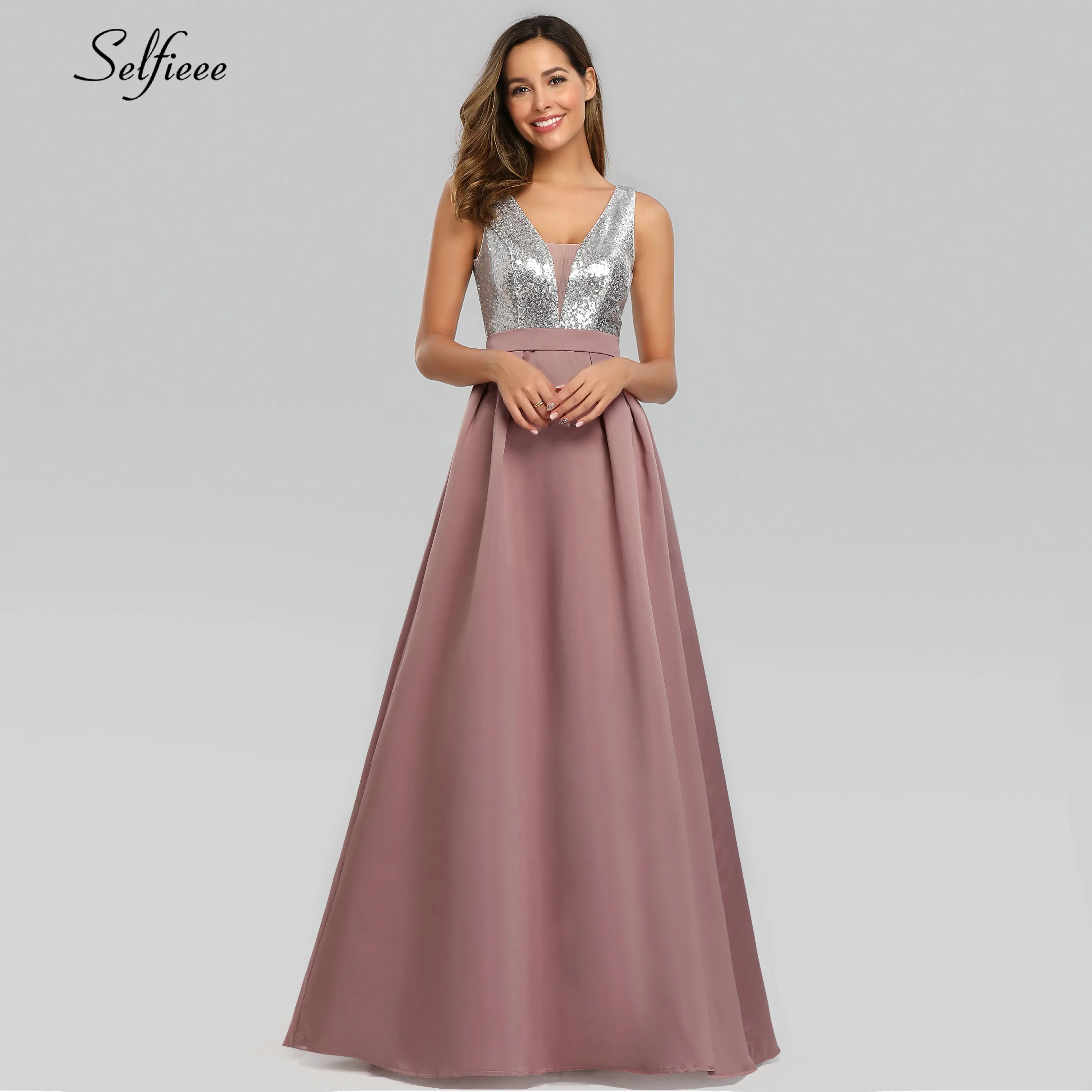 

New Fashion Pink Sexy Dress Women A Line V Neck Backless Sequined Party Dress High Quality Long Maxi Dresses 2019 Robe Femme
