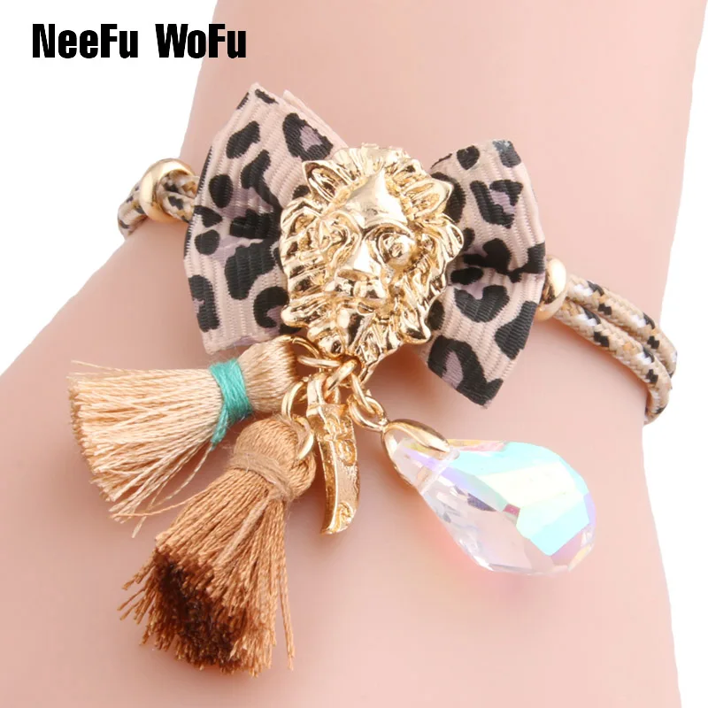 

NeeFuWoFu Crystal Bow tie Bracelets Leopard Bracelet Pulsera de Madera Rope Chain Estrela de Cinco Pontas Bracelet Perles