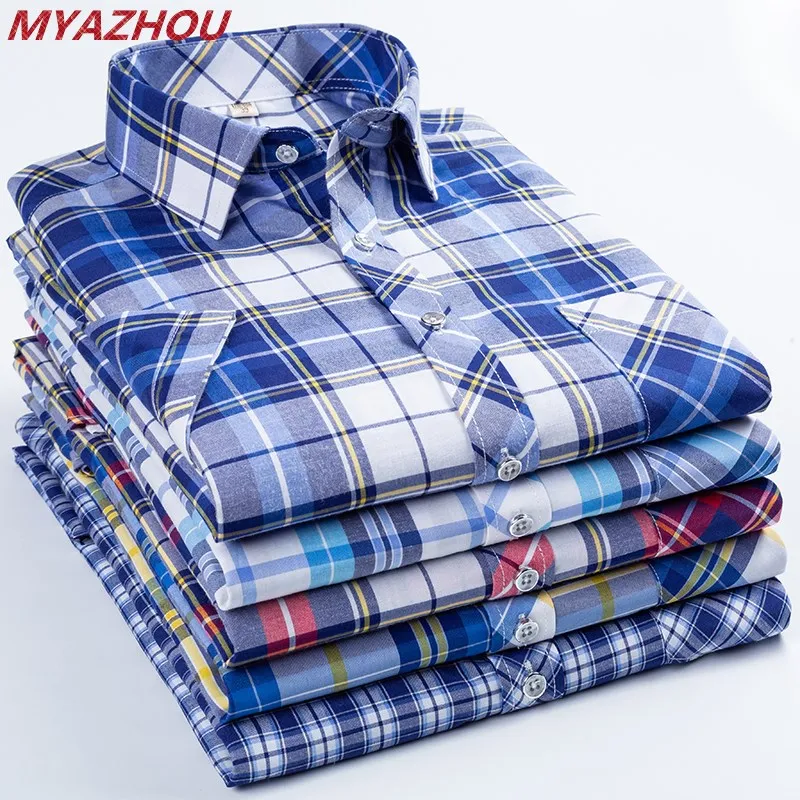 Летняя Модная хлопковая клетчатая рубашка Chemise homme, мужская деловая приталенная Повседневная рубашка большого размера, Мужская брендовая рубашка с коротким рукавом