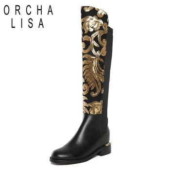 

ORCHA LISA New winter shoes large size thick heel brand glitter women Knee-High boots causal warm low heel real leather C065j
