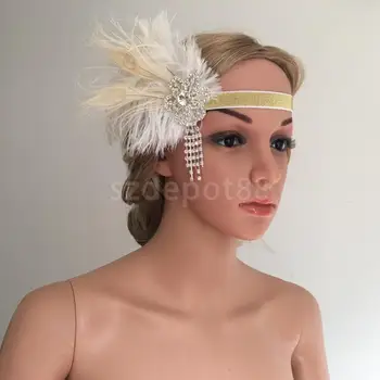 

Retro White Feather Headband Wedding Headpiece Gatsby 20s Flapper Dress Up