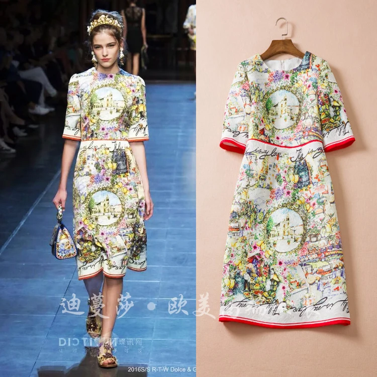 

S-3XL High Quality 2019 Summer And Autumn New Ashion Runway Circular Jacquard Printed Round Neck Slim Sleeve Dress Women