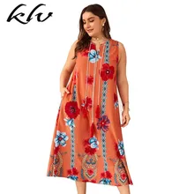 Plus Size Women BOHO V Neck Sleeveless Side Pocket Floral Print Cotton Midi Dress trendy scoop neck sleeveless animal print plus size dress for women