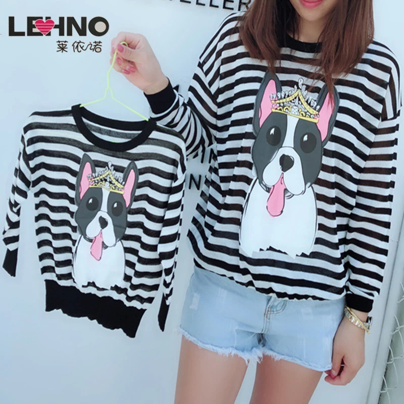 

Spring Collar Bulldog Cartoon Print Sweater Mother and Daughter Clothes