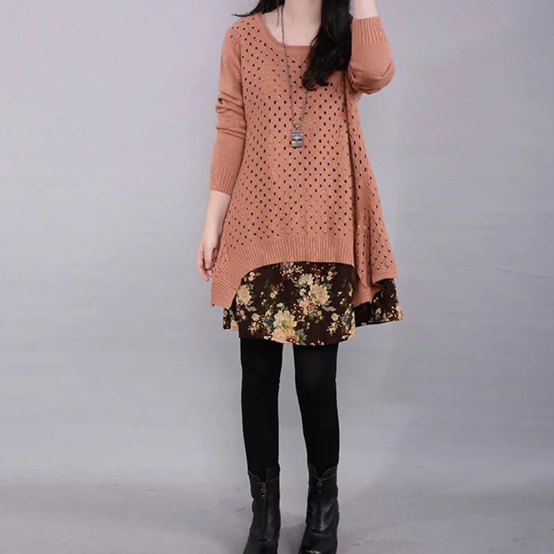 Autumn Winter Women's Long sleeve Knitted Floral Dress Loose Casual Party Dress