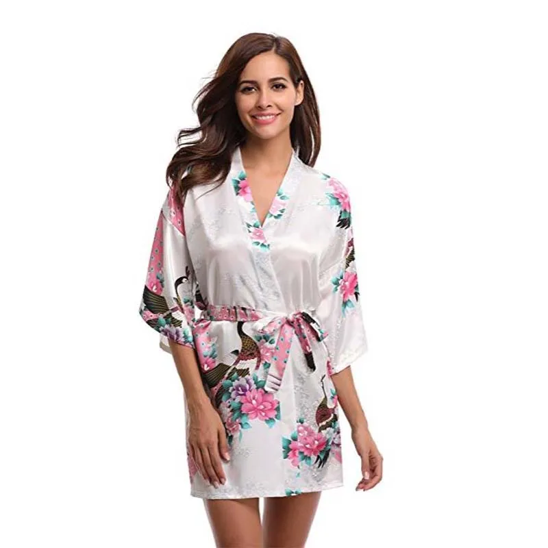 Sexy White Printed Female Mini Silk Robe Rayon Kimono Women's Kimono