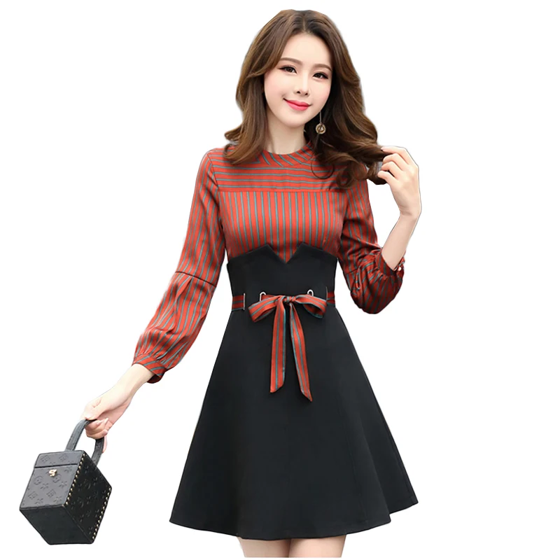 Lady Patchwork Nw1171 O Striped Office Black 2019 orange Dress Women neck Mini Tide New Fashion Spring line yellow A 4Zn11WvX