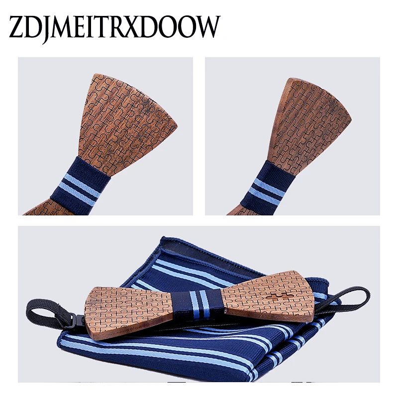  Wood Bowtie+Handkerchief+Cufflinks Sets for Mens Suit Wooden Bow Tie Bowknots Jigsaw puzzle Wedding