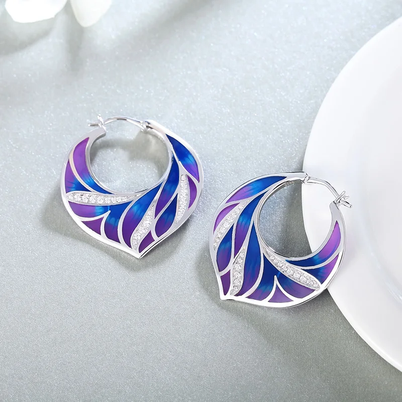 

925 Sterling Silver Earrings Colored feathers Enamel for Women Studs Earrings Crystal stone Party Fashion Jewelry handmade 2018