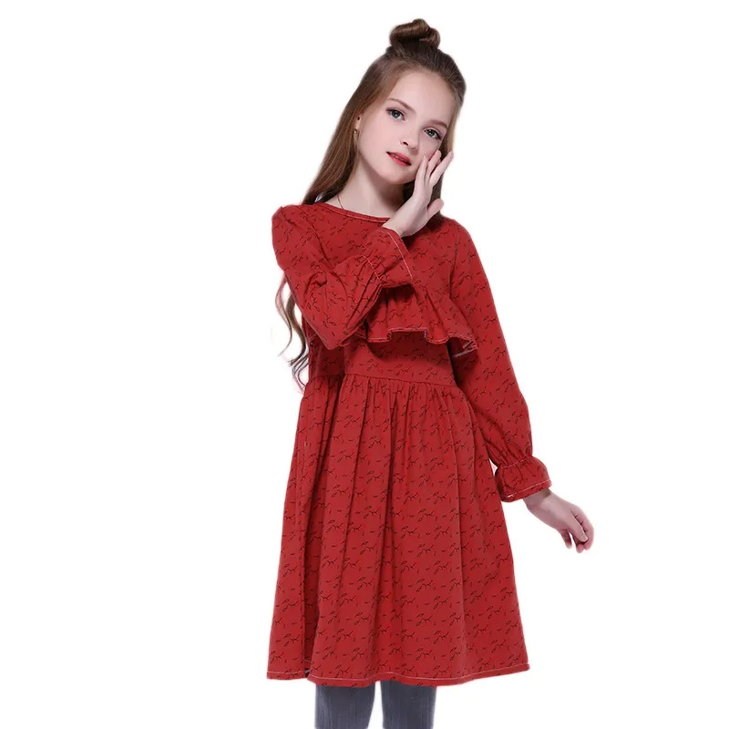 

large children's dress cotton round neck long sleeve pastoral lovely girl dress foreign trade children's clothing