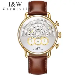 relogio masculino Brand Watches Carnival 2017 New Men Chronograph Sports Quartz Watch Casual Leather Wristwatches Sapphire