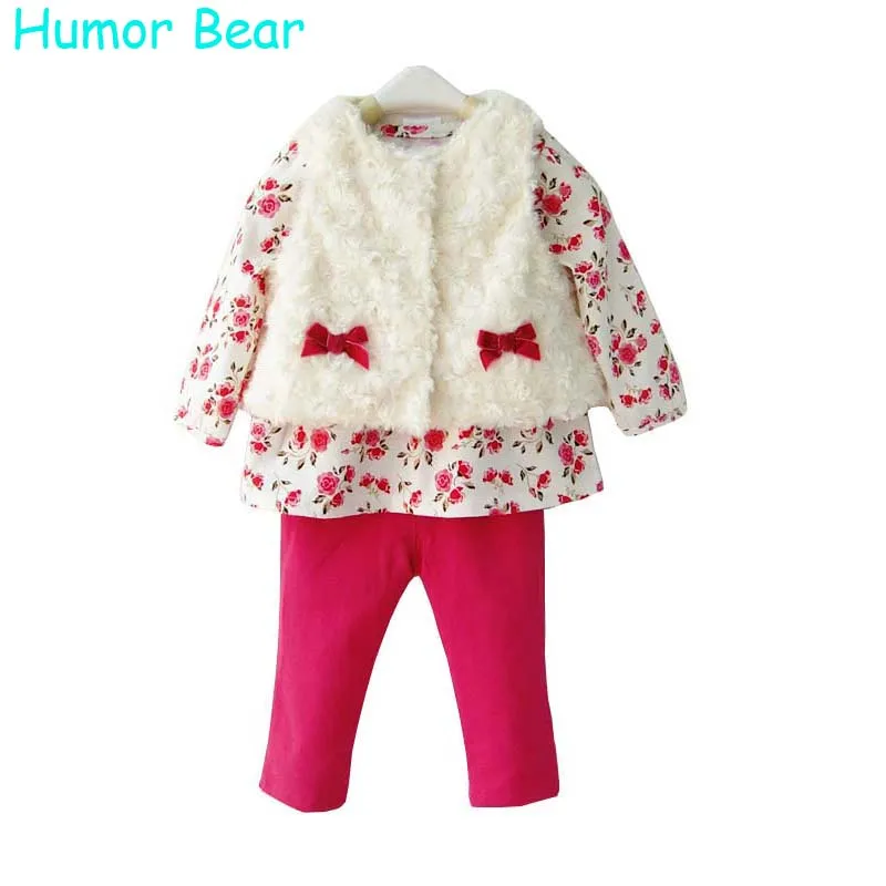 Humor Bear Baby Girls Clothing 3Pcs Set For Winter Long Sleeve Shirt Leopard Pants Fleece Vest
