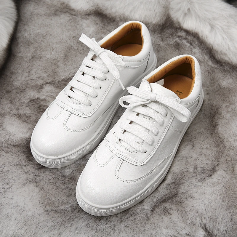 Baimier Genuine Leather White Women Sneakers Spring Street Style Lace up Running Shoes Casual Comfortable Women Flat Shoes