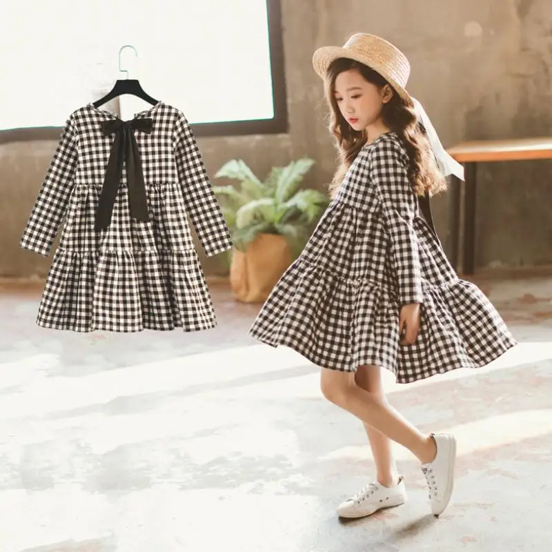 

Girls dress 2019 autumn new children's cotton dress children's plaid dress bow baby girl long-sleeved cotton dress children's cl