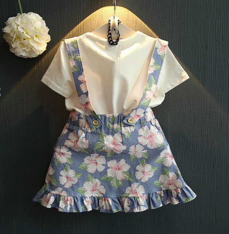 2 3 4 5 6 7 8 سنة الفتيات الملابس 2019 جديد الصيف عارضة الاطفال الدعاوى القطن تي شيرت زهرة فستان بحزام الأطفال الملابس مجموعة