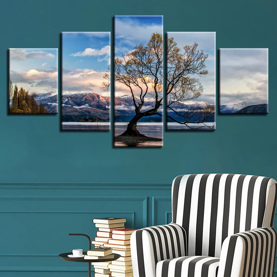 HD Printed Wall Art Decoration 5 Pieces Tree Mountain Blue Sky White Cloud Natural Scenery Picture Modular Canvas Painting Frame
