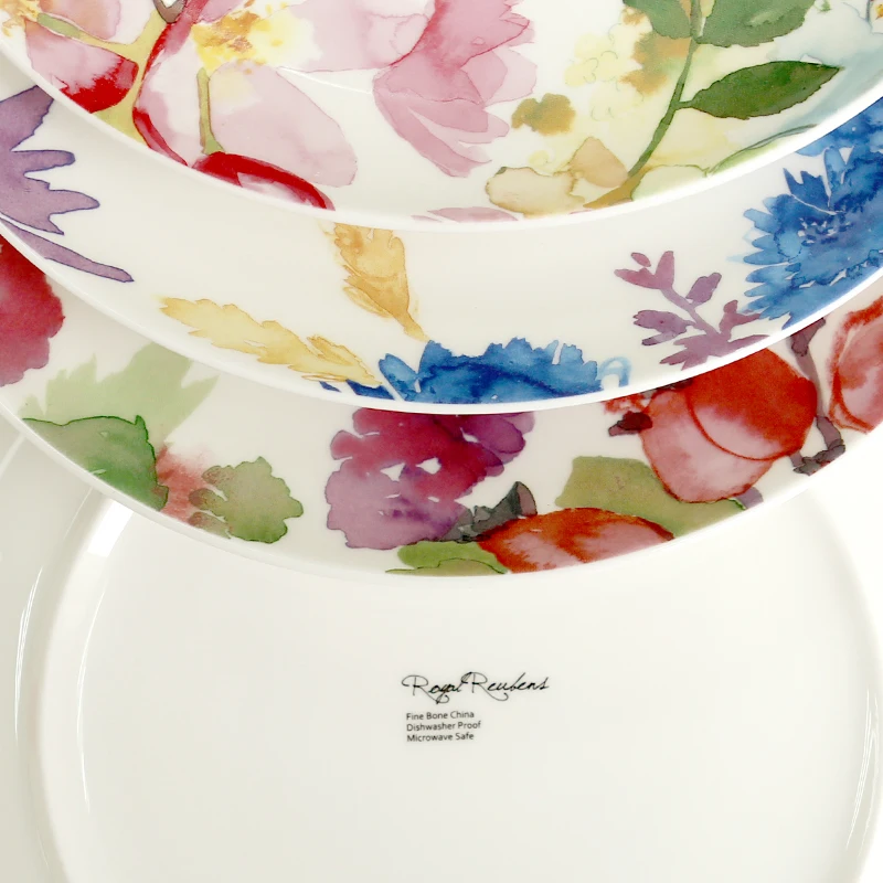

Creative Decorative watercolor floral bone china plate dish ceramic tableware on-glazed round dessert plates salad fruit dishes