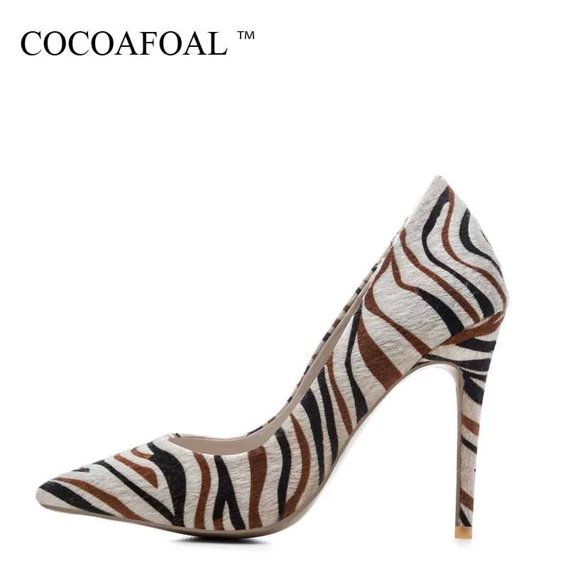 

COCOAFOAL Woman 10 CM Ultra High Heels Shoes Plus Size 33 - 43 Party Wedding Pumps Zebra Stripe Pointed Toe Sexy Pumps 2018