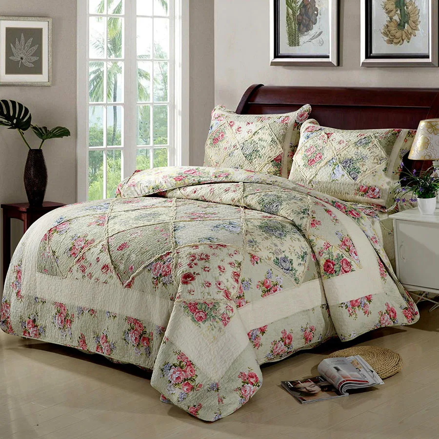 Cotton Patchwork Bedspread Quilt Set 3pcs Coverlet Bedding Flowers