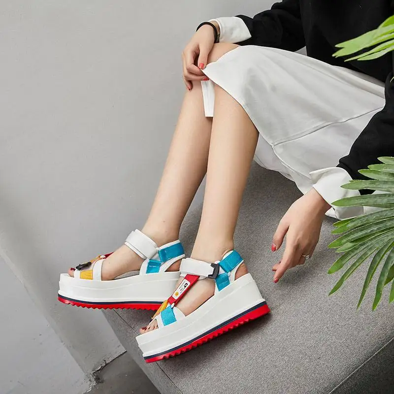 JOJONUNU Women Chunky Sandals Mixed Color Nylon Sneaker Sandals Casual Thick Bottom Platform Outdoor Shoes Women Size 35-39