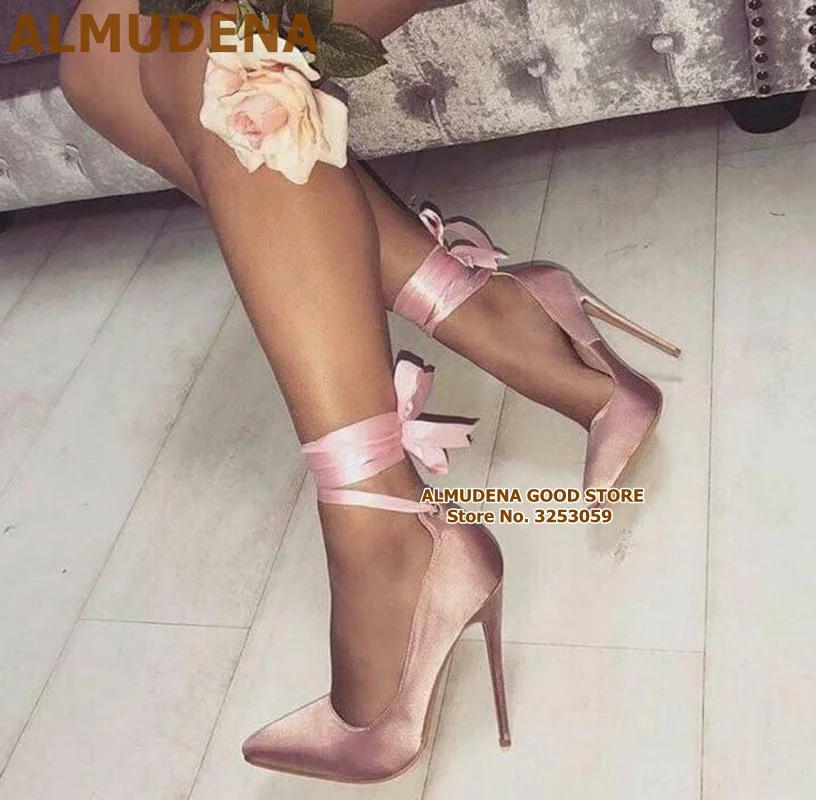 ALMUDENA/женские элегантные туфли-лодочки из атласной ткани розового цвета с ремешком на щиколотке свадебные туфли-лодочки из атласной ткани с острым носком и лентой