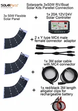 Solarparts 3x50W DIY RV/Boat Kits Solar System 3x50W flexible solar panel 1x20A solar controller full parellel connection cable