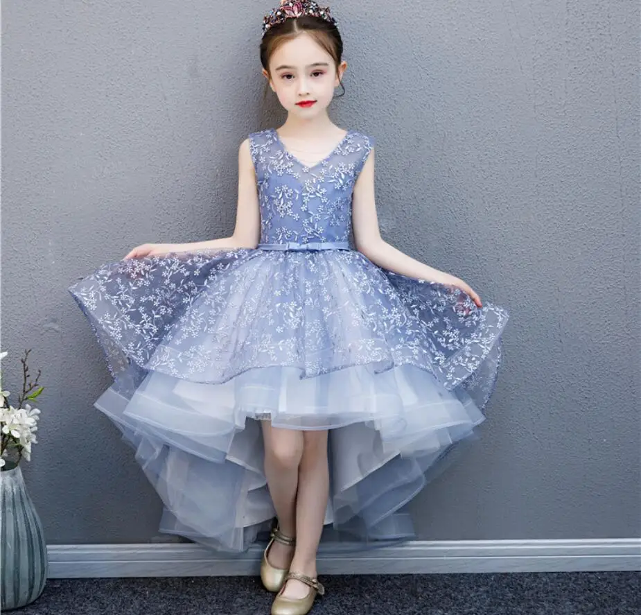 Платье для девочек; высококачественное платье принцессы для подиума; Детские костюмы со шлейфом; свадебное платье с цветочным узором для девочек