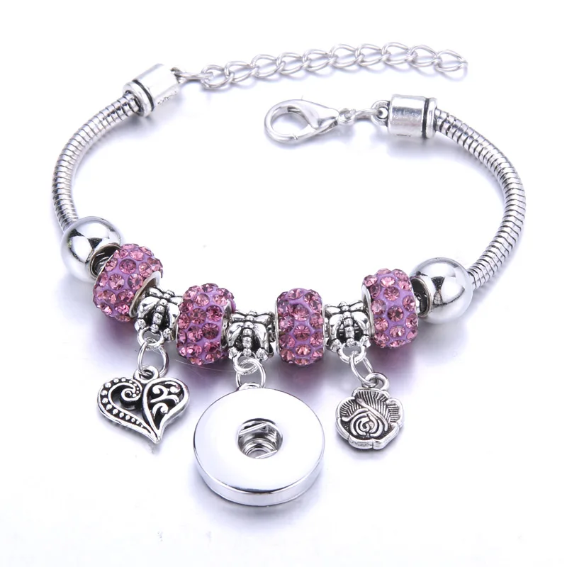 

New Snap Bracelet Silver Lobster Buckle Snake Chain Bangles Crystal Beaded Bracelet Fit 18MM Snap Jewelry Women 5616