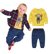 3pcs Clothing Set Cute Monkey Newborn Baby Boy Plaid Coat + Pants + Shirts Clothes Sets Suit