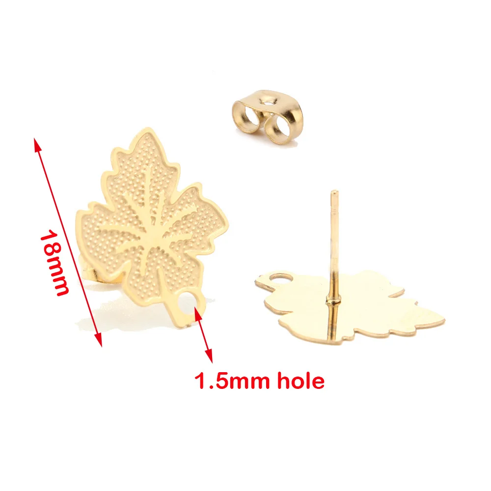 

10pcs New Stainless Steel Gold Earring Findings Maple Ear Stud Posts with Loop Leaf Earring Post Ear Nuts