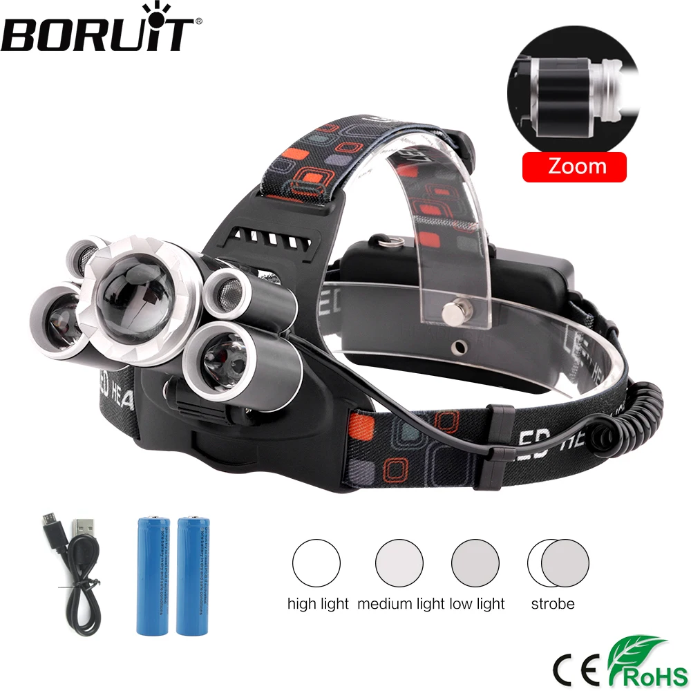 

BORUiT W3 XML-T6 XPE LED Headlamp USB Charger Headlight Zoomable 4-Mode Head Torch Camping Fishing Flashlight by 18659 Battery