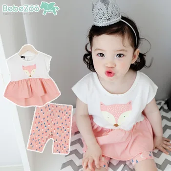 

2PCs per Set New Cute Pink Little Girls Summer Outfit Fox Print Dress and Shorts for 12months~3years Free Shipping