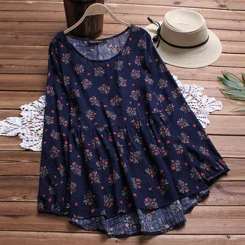 Plus Size 2020 Autumn ZANZEA Women Blouse Printed Long Sleeve Shirt Irregular Hem Blusas Pleated Midi Vestidos Long Blouse Tops tassel hem blouse