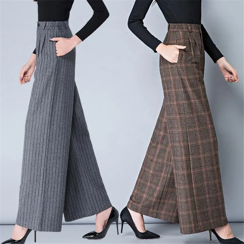 Autumn Winter Women Wide Leg Pant High Waist Flare Pants Plus Size 3XL 4XL Warm Print Woolen Fashion Plaid Pants Women A5031