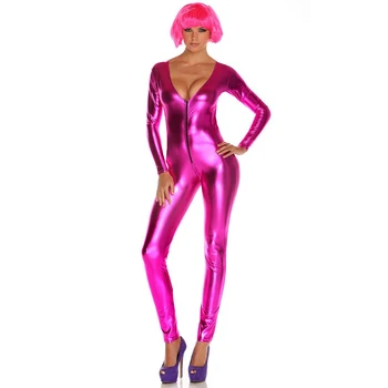 

Sexy Wet Look PU Leather Jumpsuit Zentai Costume Women Zipper Front Catwoman Catsuit Pole Dance Nightclub Bodysuit Overalls