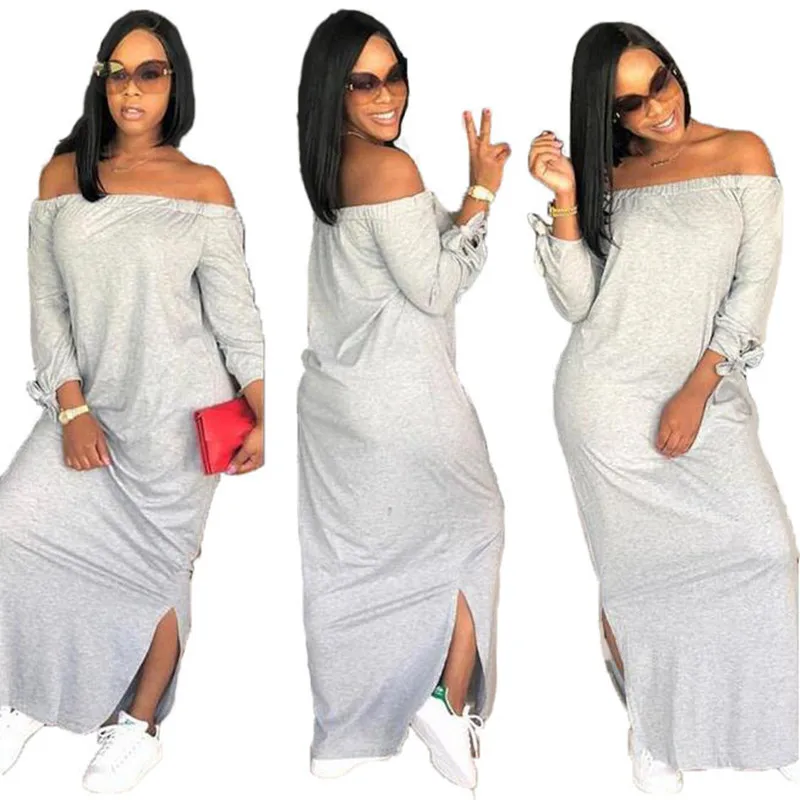 

Summer Streetwear Casual Style Women Dress Solid Color Off-the Shoulder Slash Collar Long Sleeve Split Cut Dress Ankle Length