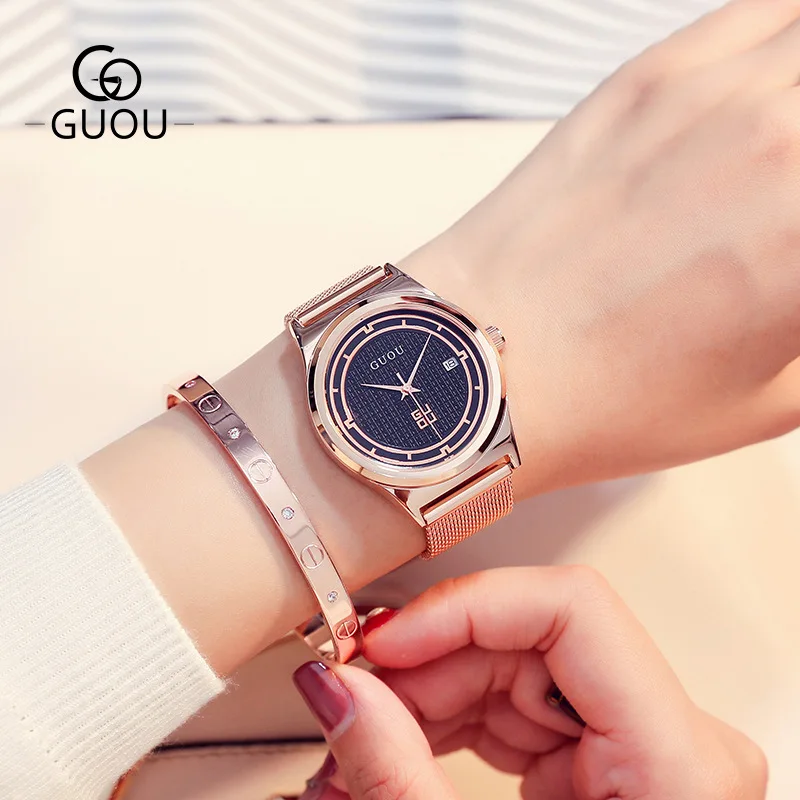 

GUOU Watch Women Watches Ultra Thin Rose Gold Steel Mesh Band Analog Ladies Quartz Watch Wristwatches Relogio Feminino