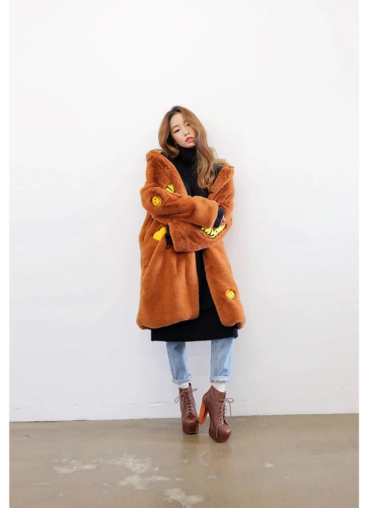 New fashion Long Warm Winter Faux Fur Coat Ladies long sleeve Army Green Yellow Embroidery Letter Outwear Female coat