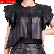 Большие размеры; сезон осень-весна; модная женская Высококачественная футболка из овечьей кожи с круглым вырезом и оборками на рукавах; черная кожаная футболка; 3XL