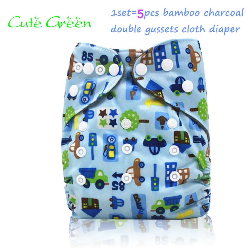 5pcs Reusable Baby Nappies Cloth Pant Double Gussets Bamboo Charcoal Inner Baby Cloth Diaper One Size