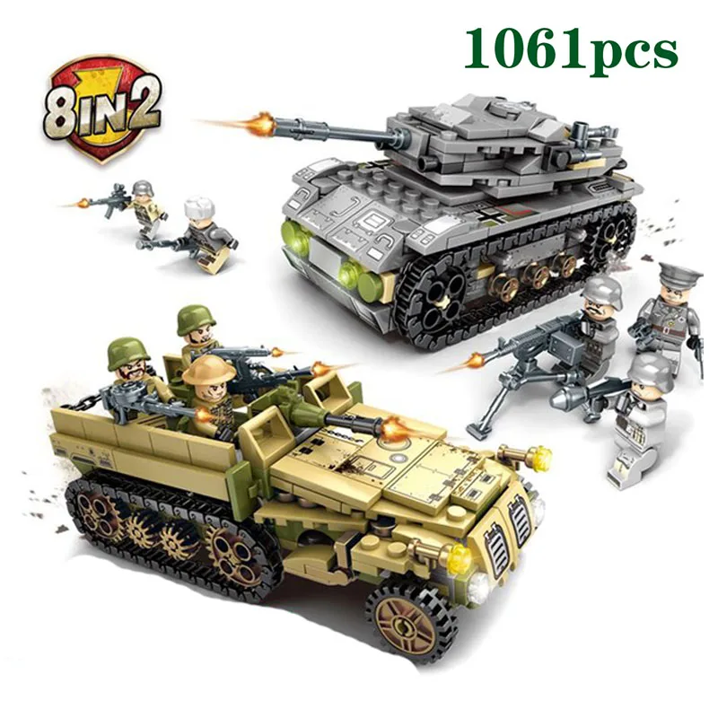 

1061pcs Military WW2 war 8 in 2 Tank armored vehicle SWAT Police Team soldier figures Building Blocks Toys for boy gifts