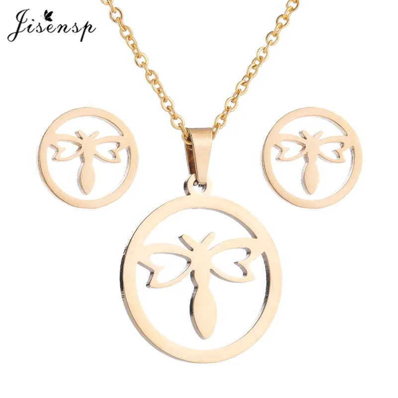 Jisensp 2019 New Arrival Round Dragonfly Stainless Steel Jewelry Sets for Women Cute Insect Long Chain Necklace Earring bijoux