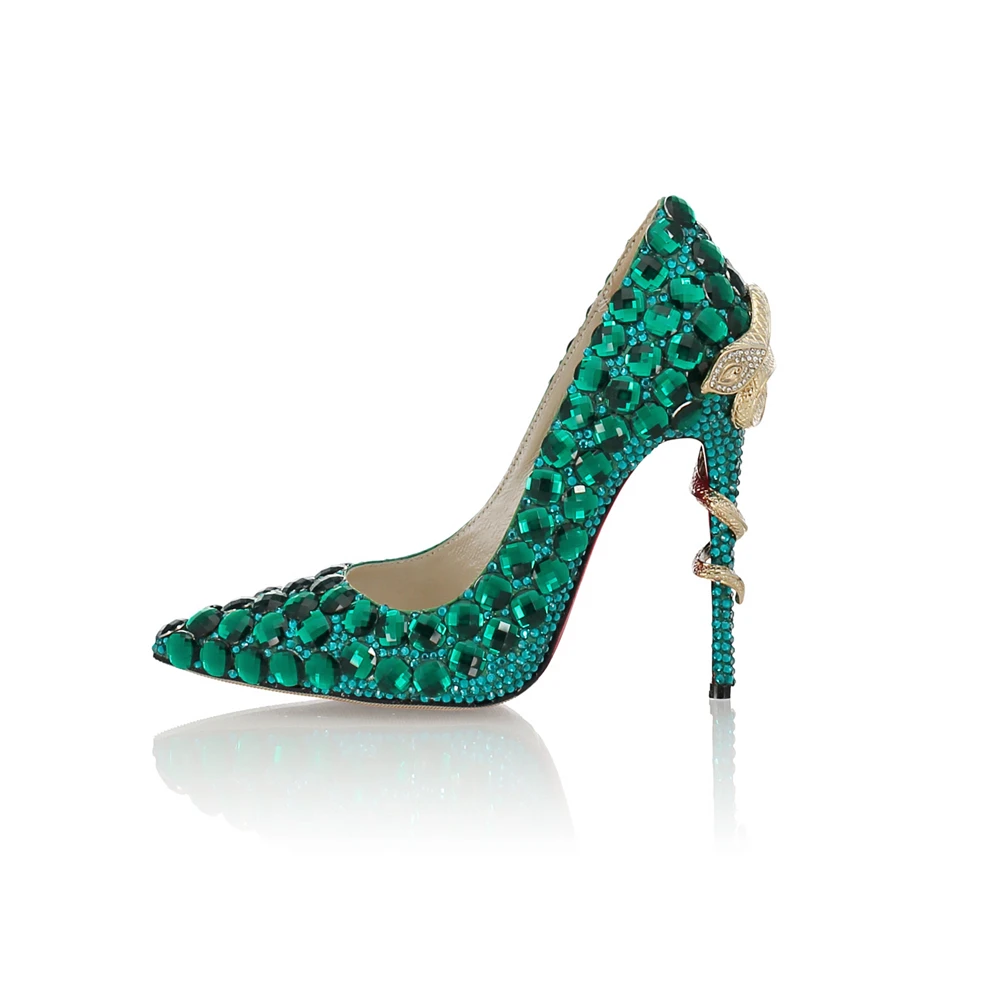 

Stkehidba Women Pumps Green Crystal Cinderella High Heels Design Sexy Gladiator Thin Heels Women Rhinestone Slip On Party Shoes